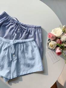 Comfortcana 2 件套女士新款亚麻条纹短裤 - 藍色 - 查看 7