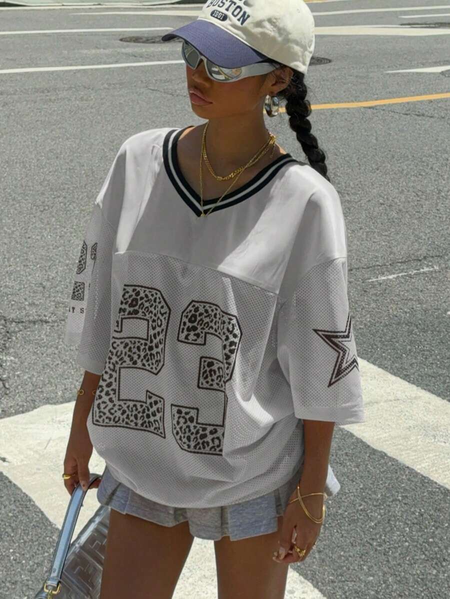 Muchica 灰色网眼运动衫女款印花 T 恤 - 灰色 - 查看 1