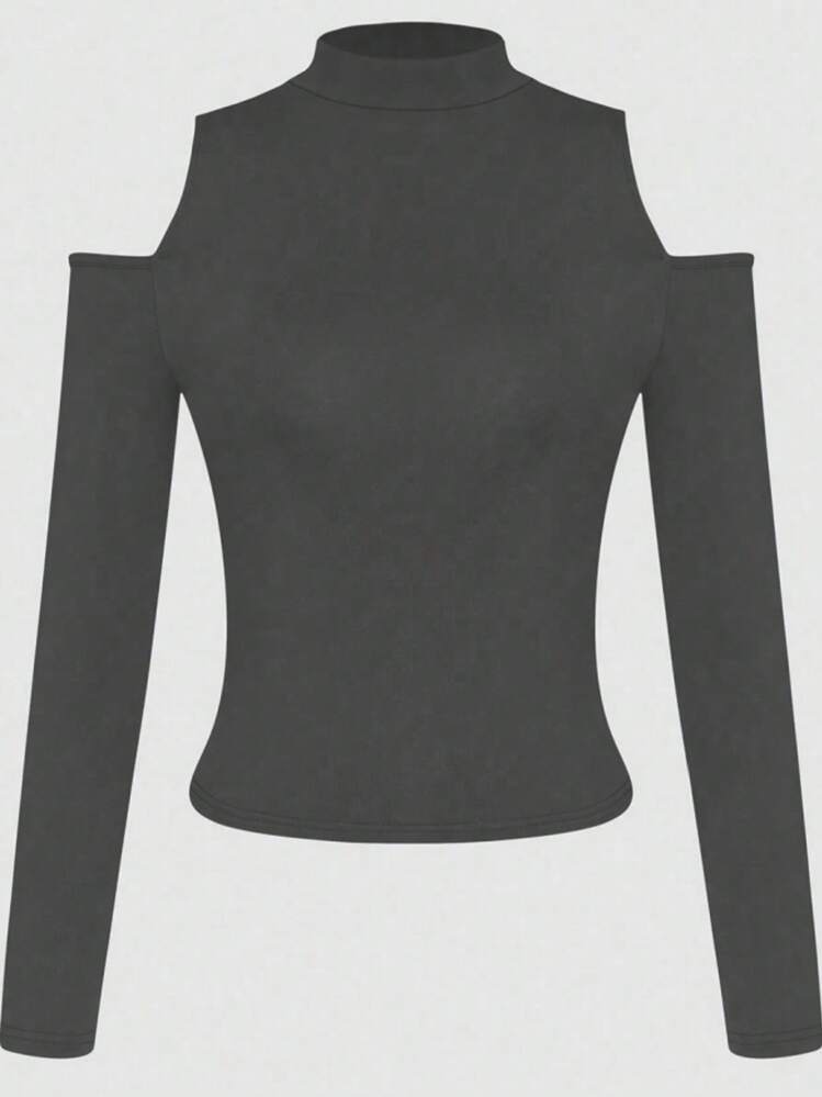 INAWLY 女士露肩长袖修身休闲 T 恤 - 紅色和黑色 - 查看 4