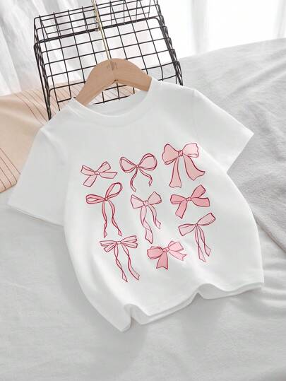 Genkimix Kids Young Girls Casual Cute Bowknot & Print Round Neck Short Sleeve T-Shirt, Versatile For Daily Wear, Summer