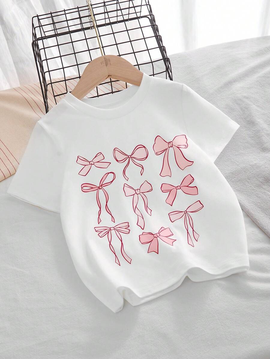 Genkimix Kids Young Girls Casual Cute Bowknot & Print Round Neck Short Sleeve T-Shirt, Versatile For Daily Wear, Summer - White - View 1