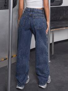 EURMUSE Jeans casual vintage desgastado, cintura alta, perna reta - Lavagem Média - Ver 2