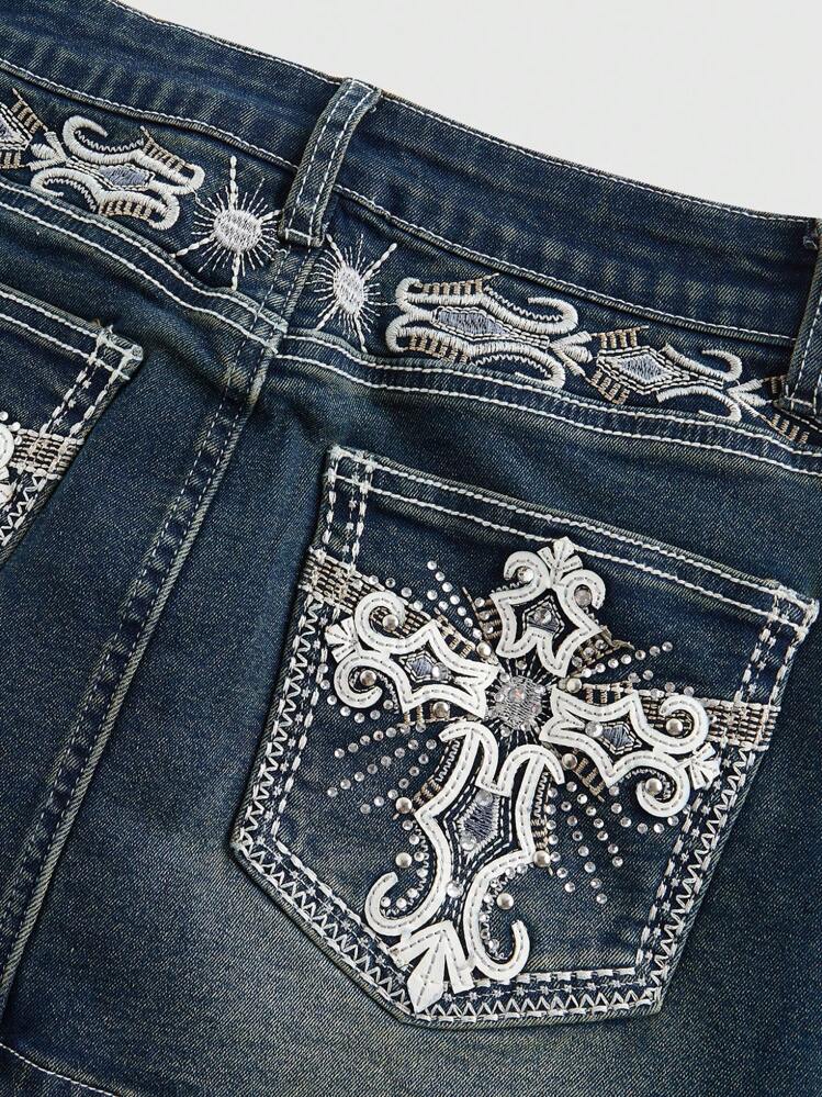 ROMWE Grunge Punk Y2K 复古闪亮口袋十字翼刺绣大码紧身迷你牛仔裙 - 藍色 - 查看 3