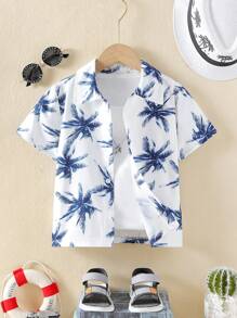 SHEIN Young Boy Tropical Palm Tree Print Button Down Short Sleeve Casual Shirt, Spring/Summer,Holiday,Summer,Travel