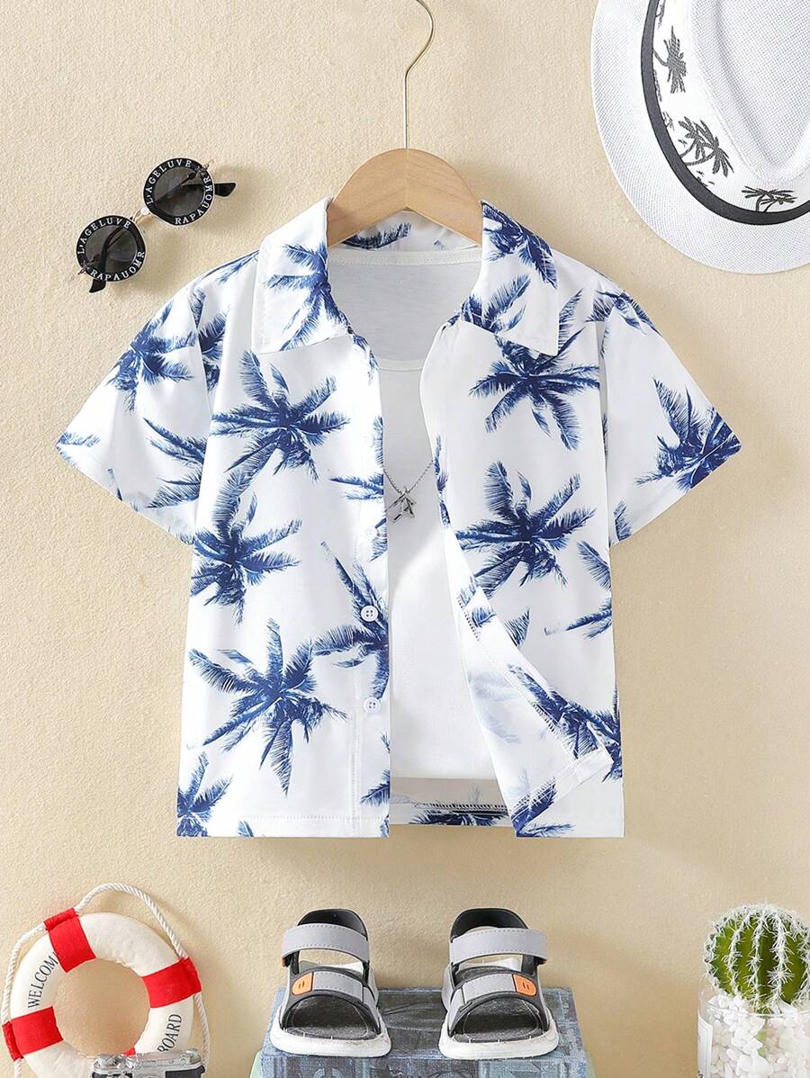SHEIN Young Boy Tropical Palm Tree Print Button Down Short Sleeve Casual Shirt, Spring/Summer,Holiday,Summer,Travel