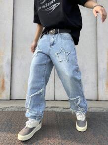 Manfinity EMRG Men's Casual Straight Leg Jeans With Pocket Star Frayed Detail - Light Wash - View 3