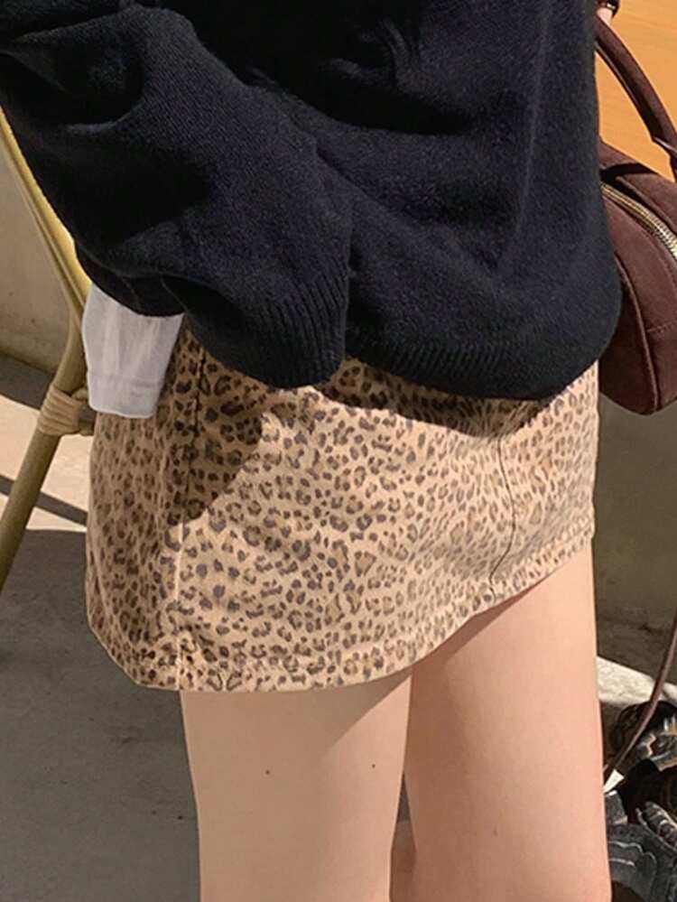 Women Leopard Print Short Length Casual Skirt, Khaki Color, All Season Cheetah Print