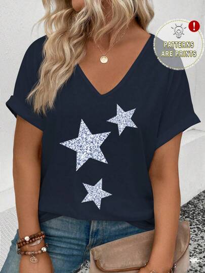 INAWLY 女式夏季 V 领星空印花休闲修身加大码卷袖 T 恤图案 T 恤女式上衣