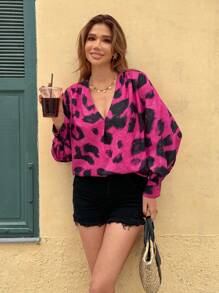 SHEIN Essnce Blusa de manga farol con estampado de leopardo para mujer - Rosa Fucsia - Ver 4