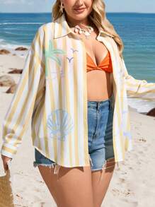 SHEIN VCAY Plus Size Resort Island Casual Yellow & White Striped Print Pocket Front Loose Shirt,Autumn Holiday Beach Summer Women Boho Vacation Hippie Western - Yellow - View 1