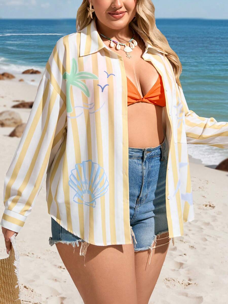 SHEIN VCAY Plus Size Resort Island Casual Yellow & White Striped Print Pocket Front Loose Shirt,Autumn Holiday Beach Summer Women Boho Vacation Hippie Western - Yellow - View 1