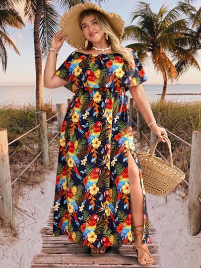 SHEIN VCAY 大码女式露肩热带植物印花荷叶边下摆侧开衩连衣裙，度假风格