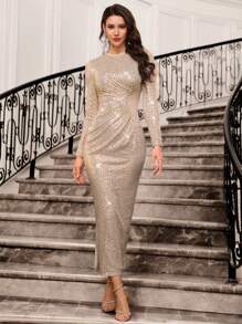 Modelyn Women's Fashion Party Sequin Ruched Fitted Dress - Gold - View 5