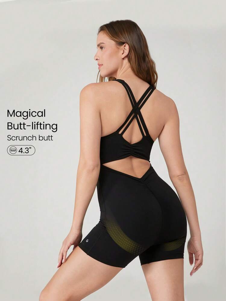 4.3" FeatherFit™-Air Cutout Booty-Lifting Ruch Back Crisscross Straps Romper Bodysuit Jumpsuit Low Impact Yoga Pilates Daily Removable Cups
