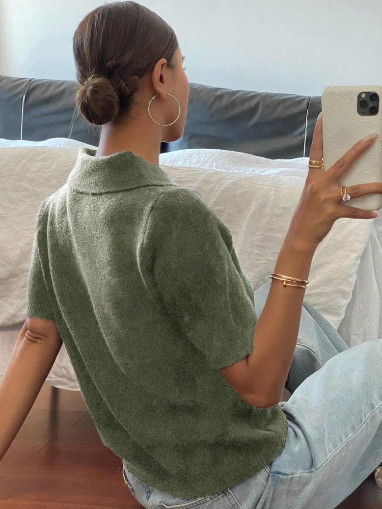 Women's Fitted Solid Color Polo Collar Zipper Short Sleeve Knit Top,Fall Clothes