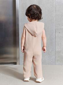 米色/浅黄色幼儿男女款无袖连帽连体裤休闲百搭夏季服装，适合室内和室外 - 杏色 - 查看 2