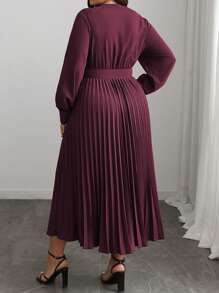 Elenzga Plus Size Women's V-Neck Solid Color A-Line Long Sleeve Dress, Elegant Office & Casual, With Waist Belt, Suitable For Spring, Autumn & Winter, For Christmas Maxi Women Outfit Fall Cloth For Women - Red Violet - View 2