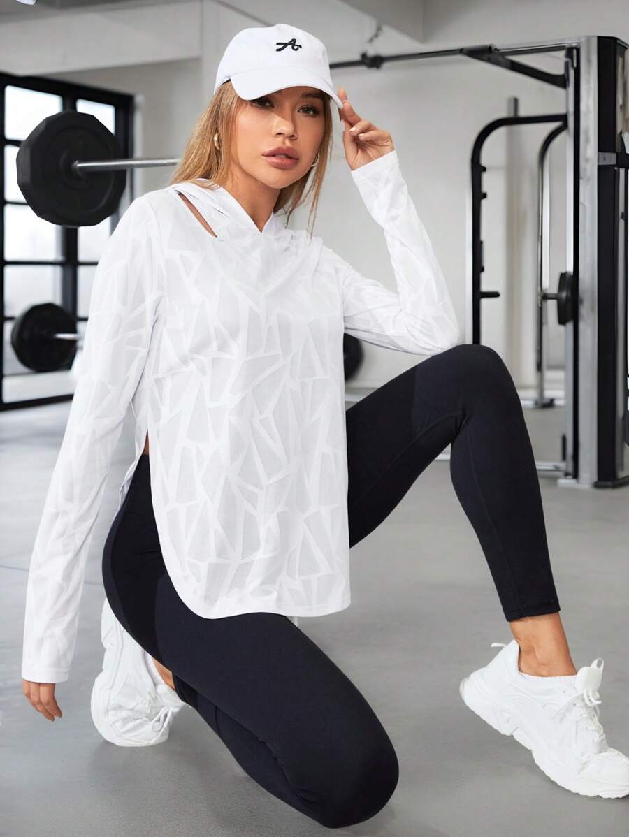 SHEIN Sports 几何印花弧形下摆镂空细节运动卫衣，女士网球服秋季长袖卫衣 - 白色 - 查看 1