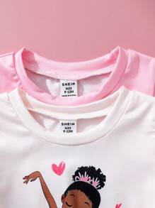 Baby Girls 2pcs Set Casual Cute Daily Princess Ballerina Girl Tee Shirt Tops, Spring/Summer - Multicolor - View 3
