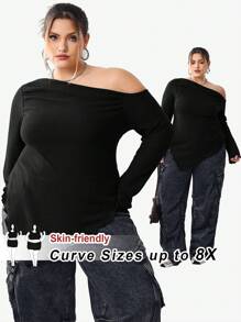 SHEIN CURVE+ Plus Size Women's Top Asymmetric Neck Rib Knit T-Shirt,Valentine's Day Plus Size Christmas - Black - View 8