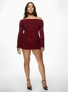 MISSGUIDED PLUS Abito mini con spalle scoperte e pizzo, taglia comoda, per feste, club, notti, maniche lunghe, scollo Bardot, occasioni speciali, aderente, adatto per l'inverno e l'autunno - Bordò - Visualizzare 4