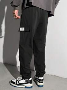 SHEIN 青少年男孩休闲工装口袋慢跑裤，灰色，百搭，日常穿着，学院风，男孩服装 - 黑色 - 查看 3