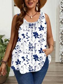EMERY ROSE Holiday Style Blue & White Floral Print Plus Size Loose Pleated Wide Strap Tank Top, Suitable For Spring/Summer Suitable For Going Out