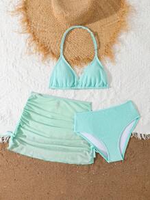 Tween 女童褶皱三件套比基尼套装，带蝴蝶结裙，时尚休闲优雅，适合游泳、度假、夏季 - 綠色 - 查看 4