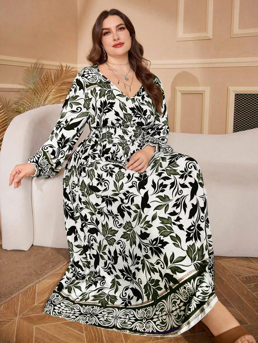 Lacomfia Große Größen Kleid mit V-Ausschnitt, gefalteter Taille, Langarm, Lässig Blume Muster, Regular Fit für Frühling und Herbst