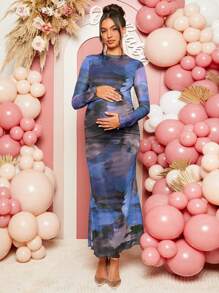 Loomaby Maternity Elegant Tie Dye Long Sleeve Fish Tail Hem Dress - Blue - View 3