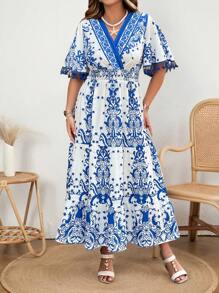 Flirla Plus Size Boho Vintage Floral Fringe Ruffle Dress, Bohemian Style, Spring/Summer