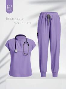 TaskEZ Bộ đồng phục phẫu thuật quần ngắn tay màu trơn - Màu tím - Xem 1