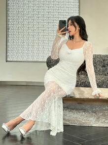 Modelyn Sukienka damska z długim rękawem i wzorem kwiatowym 3D z syrenką, elegancka - Biały - Zobacz 4