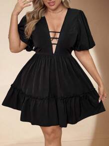 SHEIN Clasi Váy ngắn chữ A tay loe cổ chữ V cỡ lớn cho nữ, màu đen - màu đen - Xem 7