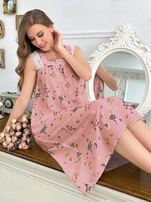 CottageSlumber Square Neck Contrast Lace Floral Print Nightgown Babydoll Perfect Summer, Moo Moo Bountiful Floral Splendor - Pink - View 5