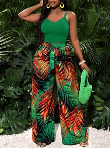 Slaydiva 2 件套休闲假日弹力吊带背心和宽松印花阔腿裤套装 - 女款 - 綠色 - 查看 6