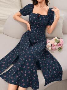 Modelyn 女士方领碎花开衩节日夏季短袖连衣裙长款晚礼服 - 藏蓝色 - 查看 1