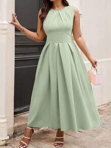 Cravure 加大码纯色圆领褶皱休闲夏季长款女装