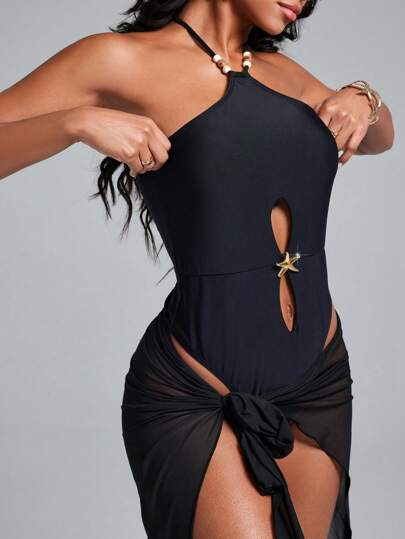 Swim EVENT Springbreak New Women's Sexy Halter Neck Tie Cutout Gold Star Decor One-Piece Swimsuit With Long Mesh Cover Up Skirt Two-Piece Set. Festival & Beach Vacation Swimwear Party Outfit For Summer