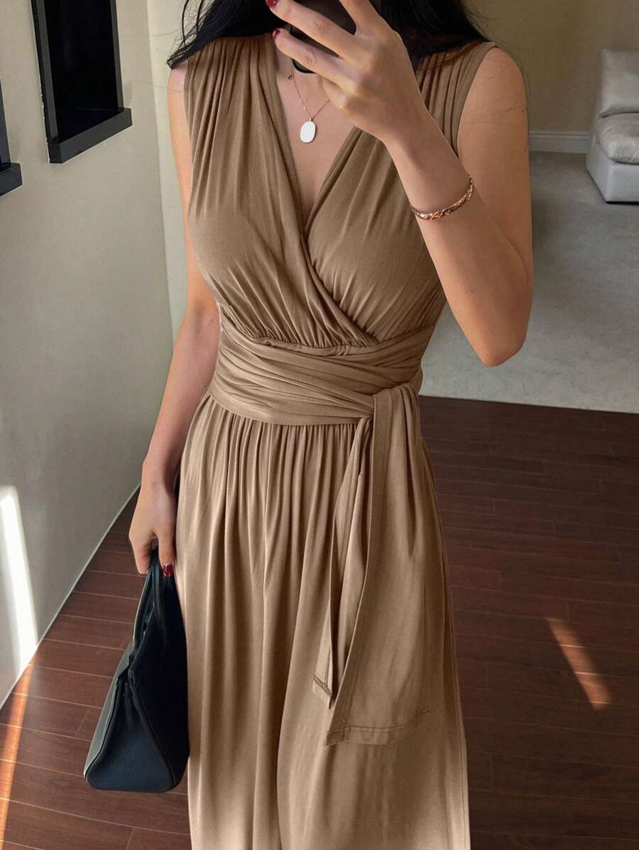 DAZY Đầm dài nữ cổ chữ V không tay, thắt eo, kiểu dáng thanh lịch mùa hè, trang phục công sở nữ, đầm maxi dự tiệc. - màu nâu - Xem 1