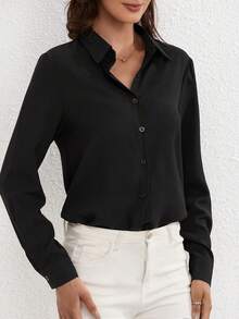 Women's Solid Color Simple Daily Long Sleeve Shirt - Black - View 3