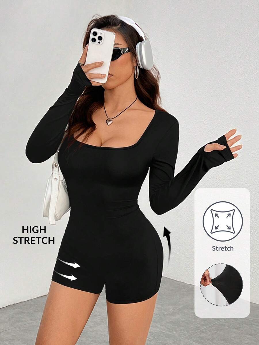 SHEIN PETITE Black Knitted Square Neck Tight Casual Sports Yoga Jumpsuit - Black - View 1