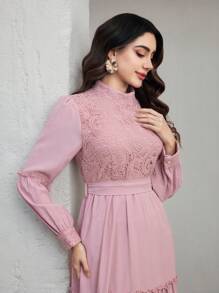 Women's Contrast Lace Long Sleeve Ruffle Hem Elegant Dress - Pink - View 3
