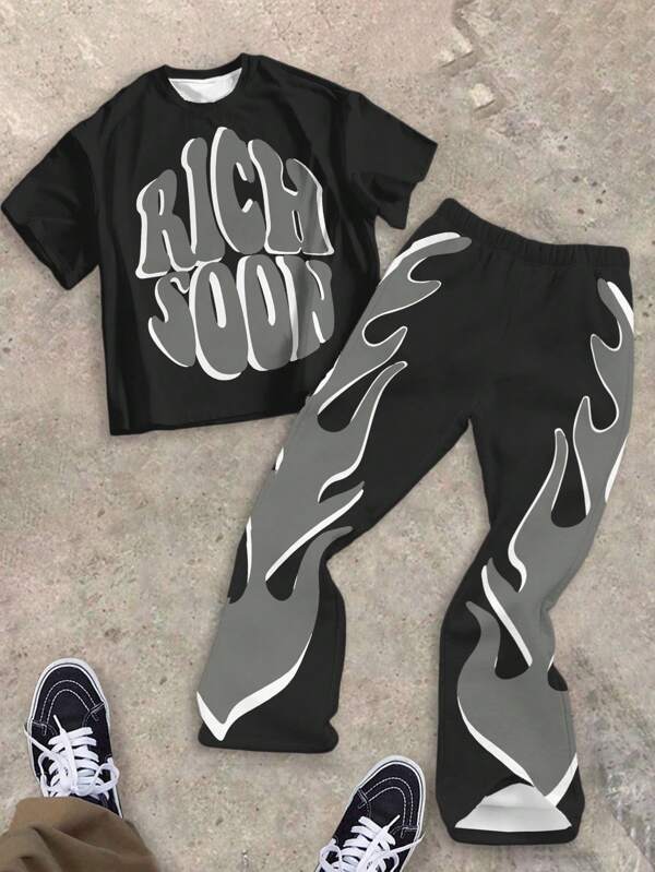 SHEIN Tween Boy Classic "Rich Soon" Text & Flame Print Boys Crew Neck T-Shirt And Flared Pants 2 Pieces Set, Casual Outfit For Summer