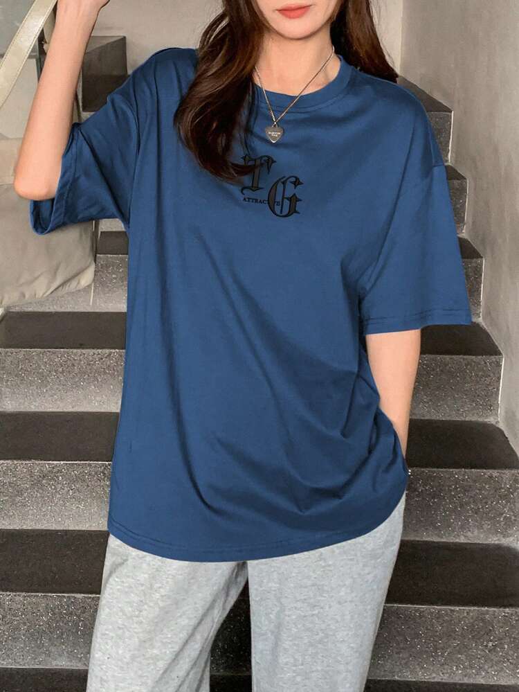 Summer Short Sleeve Oversized T-Shirt With Letter Print Preppy Tops