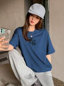 DAZY 夏季短袖超大T恤，带字母印花，学院风上衣