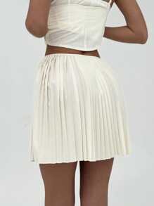 Aloruh 法式优雅荷叶边纽扣腰长吊带背心和纯色褶皱迷你裙 2 件套女士 - 白色 - 查看 7