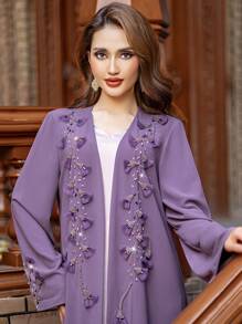 Layrah Handmade Spinach Root Color Flower Beaded Robe Abayas - Red Violet - View 5