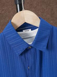 SHEIN Bộ 2 áo sơ mi tay ngắn và quần short trơn màu cho bé trai tuổi teen, phong cách tối giản, phù hợp cho mùa hè - Xanh đậm - Xem 6