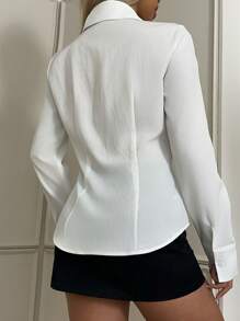 SHEIN EZwear 女式新款刺绣装饰白色修身长袖衬衫 - 白色 - 查看 2